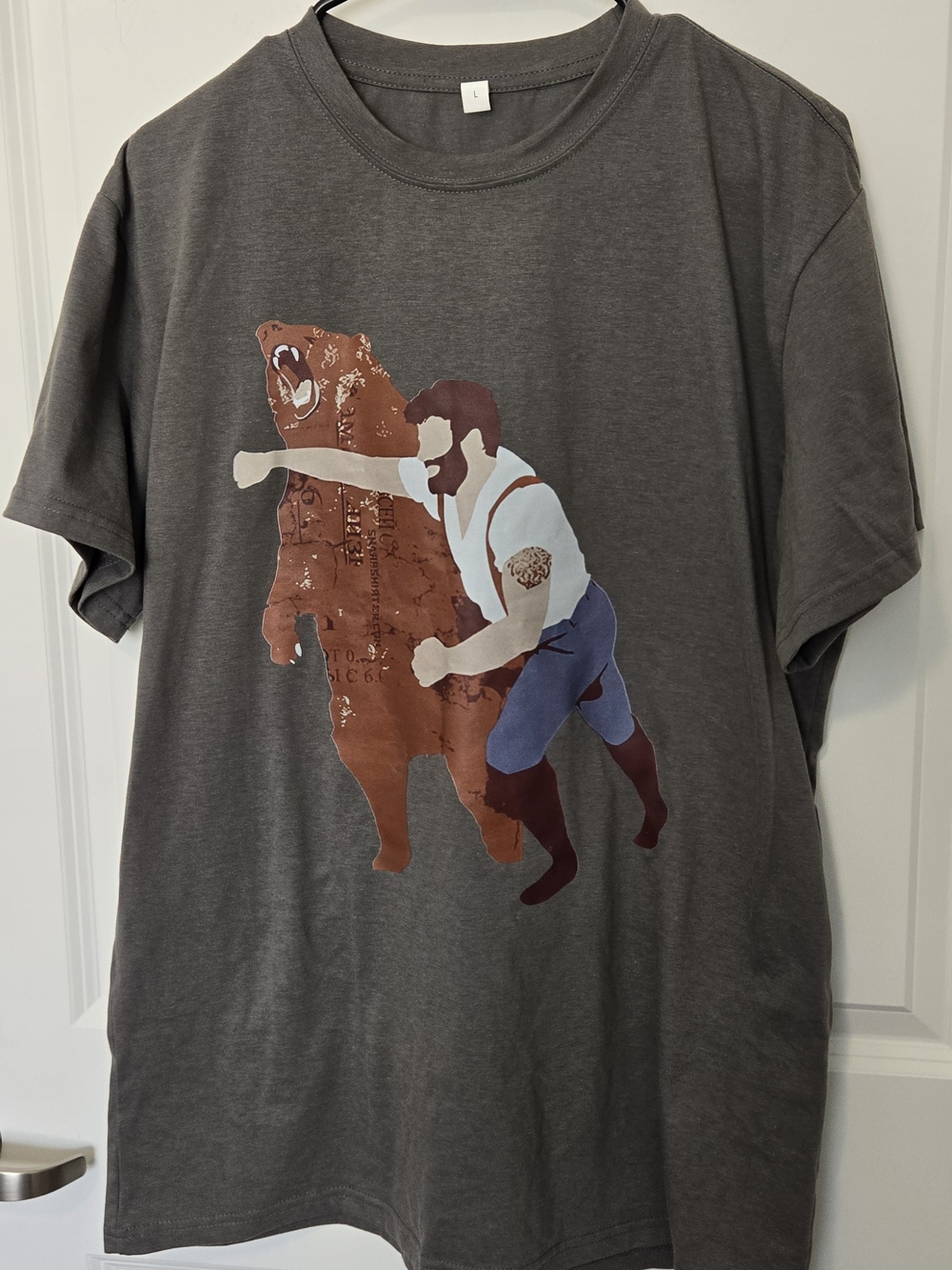Men's Large Graphic Tee - Charcoal Grey with Brown Bear Design Bear Punch Cool..